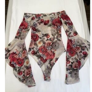 A3 Design Floral Off Shoulder Ruffle Long Sleeves Body Suit